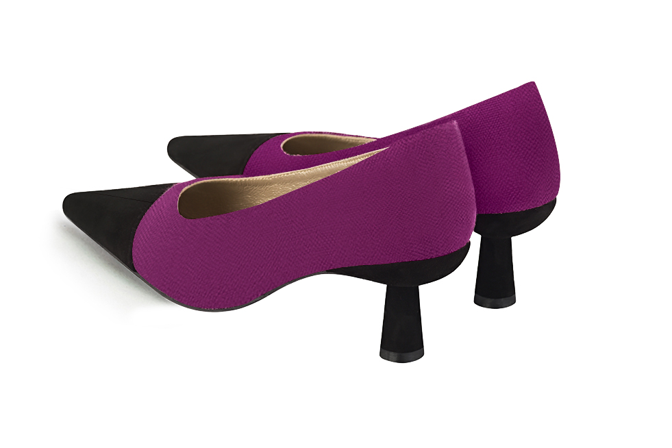 Matt black and mulberry purple women's dress pumps, with a round neckline. Pointed toe. Medium spool heels. Rear view - Florence KOOIJMAN
